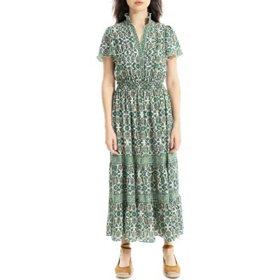 Max Studio Smocked Flutter Sleeve Maxi Dress In Ecru/ Green/ Gold Floral
