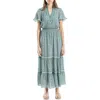 Max Studio Smocked Flutter Sleeve Maxi Dress In Green/cream Curvy Cube