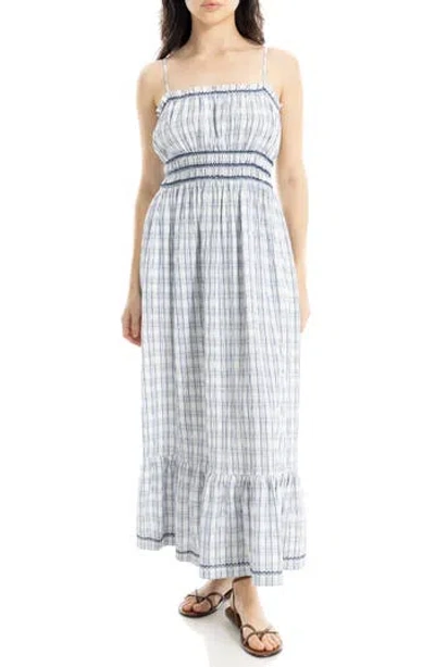 Max Studio Smocked Plaid Maxi Dress In White/ Navy
