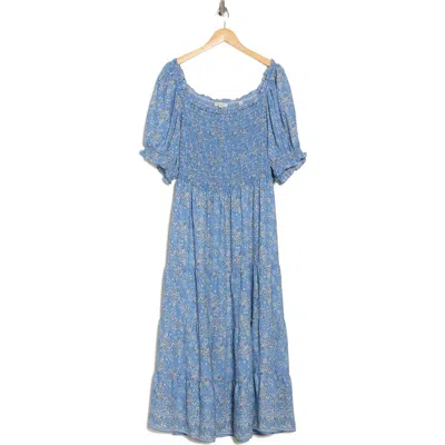 Max Studio Smocked Short Sleeve Tiered Maxi Dress In Blue