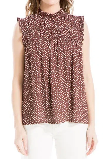 Max Studio Smocked Sleeveless Top In Brown/cream Polka Dot