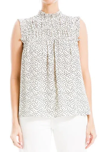 Max Studio Smocked Sleeveless Top In Ivory/black Random Dot