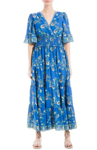 Max Studio Smocked Waist Midi Dress In Blue Cream Floral