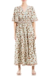 Max Studio Smocked Waist Midi Dress In Cream/ Poppy Sml Md Blms