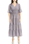 Max Studio Smocked Waist Midi Dress In Cream/blue Lace Geo