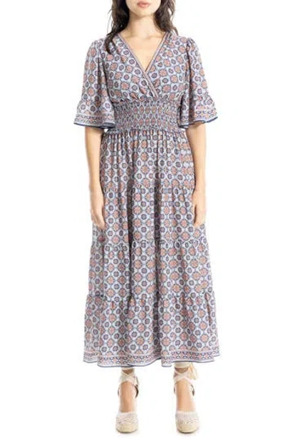 Max Studio Smocked Waist Midi Dress In Cream/blue Lace Geo