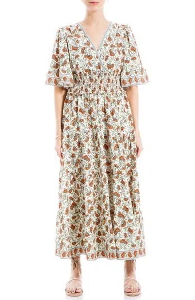 Max Studio Smocked Waist Midi Dress In Cream/poppy Sml Md Blms