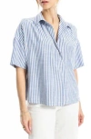 Max Studio Split Neck Collar Short Sleeve Top In Blue