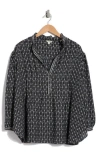Max Studio Split Neck Long Sleeve Top In Black Cotton Floral