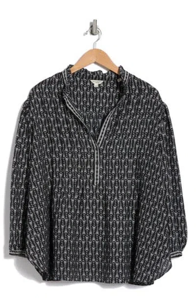 Max Studio Split Neck Long Sleeve Top In Black
