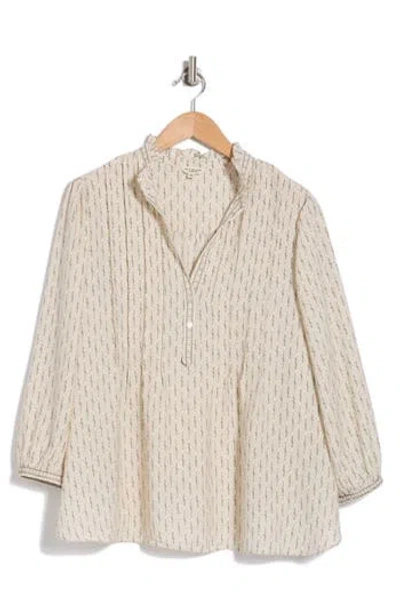 Max Studio Split Neck Long Sleeve Top In Natural Cotton Floral