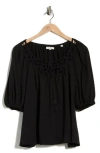Max Studio Split Neck Puff Sleeve Top In Black