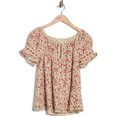 Max Studio Split Neck Ruffle Sleeve Top In Brown