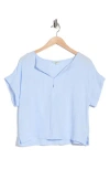 Max Studio Split Neck Short Sleeve Top In Blue