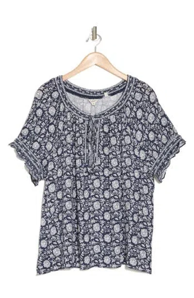 Max Studio Split Neck Top In Navy/cream Print