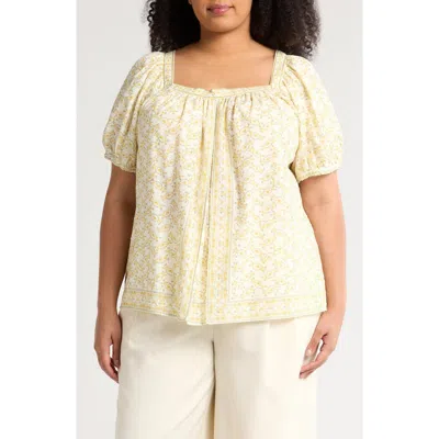 Max Studio Square Neck Puff Sleeve Cotton Blend Top In Cream/yellow Prty Ltl Wreath