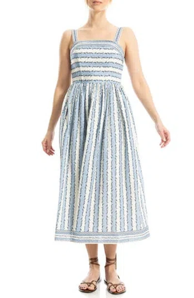 Max Studio Straight Neck Midi Dress In Cream/ Blue Vines