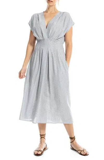 Max Studio Stripe Cap Sleeve Front Tuck Midi Dress In Gray