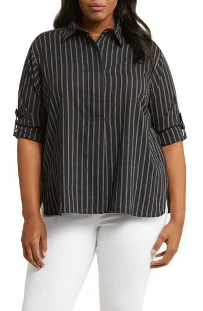 Max Studio Stripe Cotton Popover Shirt In Black
