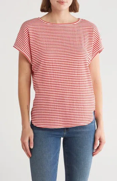 Max Studio Stripe Crinkle Cuff Curve Hem Top In Red/white Stripe