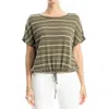 Max Studio Stripe Drawstring T-shirt In Army/oyster
