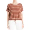 Max Studio Stripe Drawstring T-shirt In Chestnut/oyster Stripe