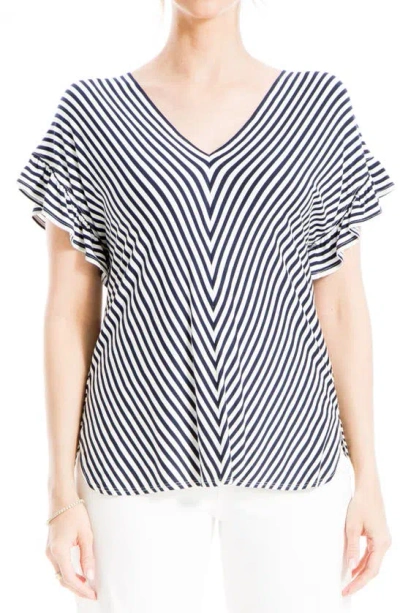 Max Studio Stripe Flutter Sleeve T-shirt In Ivy Navy Even Stripe
