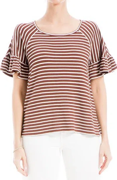 Max Studio Stripe Flutter Sleeve Top In Chestnut/ivory Stripe