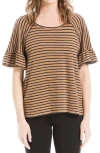 Max Studio Stripe Flutter Sleeve Top In Cork/dark Navy