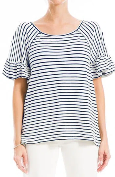 Max Studio Stripe Flutter Sleeve Top In White/navy Stripe