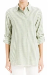 Max Studio Stripe Oversize Long Sleeve Button-up Tunic In Green/ivory Stripe