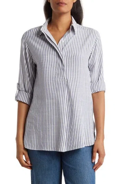 Max Studio Stripe Oversize Long Sleeve Button-up Tunic In Indigo/black Framed Stripe