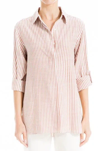 Max Studio Stripe Oversize Long Sleeve Button-up Tunic In Marsala/ivory Stripe
