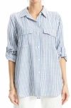 Max Studio Stripe Roll Tab Button-up Utility Shirt In Blue