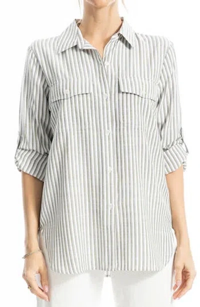 Max Studio Stripe Roll Tab Button-up Utility Shirt In Gray
