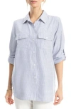 Max Studio Stripe Roll Tab Button-up Utility Shirt In Blue