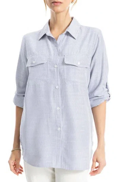 Max Studio Stripe Roll Tab Button-up Utility Shirt In Blue