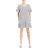 Max Studio Stripe Ruffle Short Sleeve Shift Dress In White/navy
