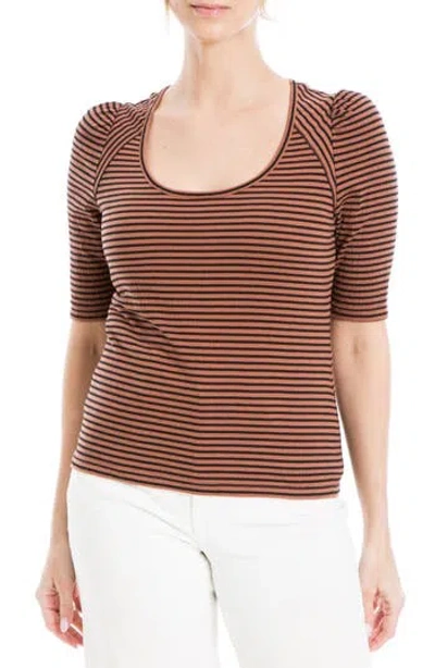 Max Studio Stripe Scoop Neck T-shirt In Chestnut/black Stripe