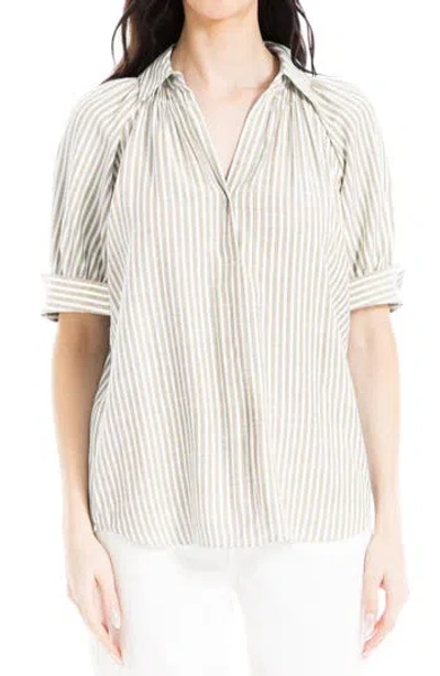 Max Studio Stripe Short Sleeve Blouse In Taupe/black Framed Stripe