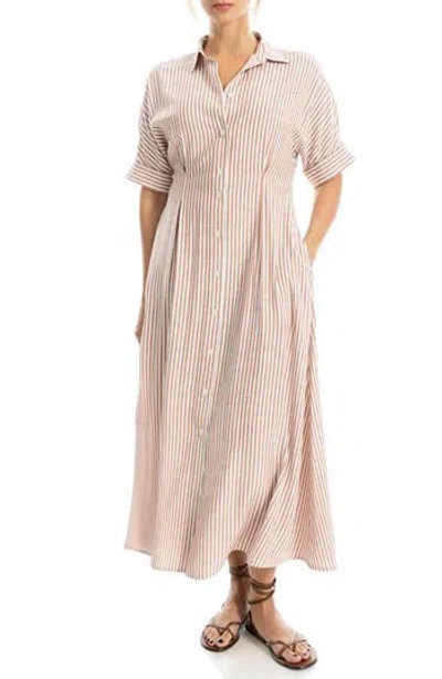 Max Studio Stripe Short Sleeve Maxi Shirtdress In Brown