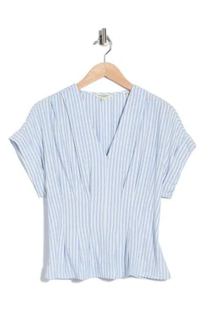Max Studio Stripe Short Sleeve Pleated Front Top In Blue