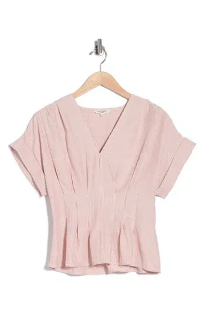 Max Studio Stripe Short Sleeve Pleated Front Top In Pink