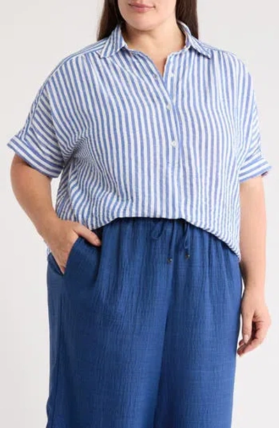 Max Studio Stripe Short Sleeve Textured Button-up Shirt In Blue