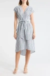 Max Studio Stripe Tie Front Cotton Blend Dress In Blue