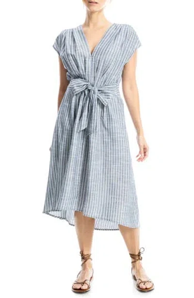 Max Studio Stripe Tie Front Cotton Blend Dress In Navy/white Tartan Stripe