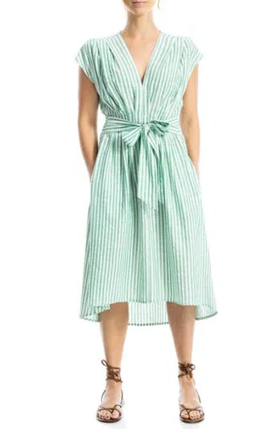 Max Studio Stripe Tie Front Cotton Blend Dress In White/green
