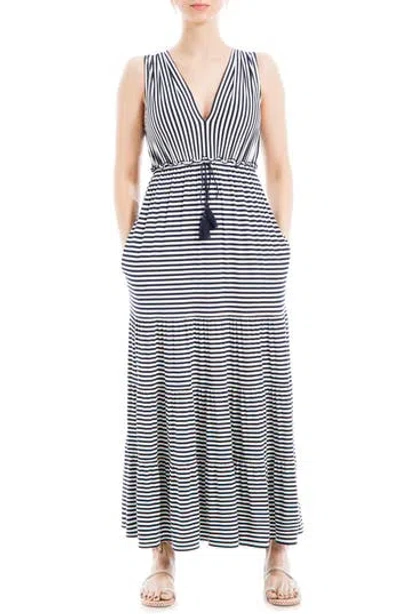 Max Studio Stripe Tiered Maxi Dress In Navy/white Stripe