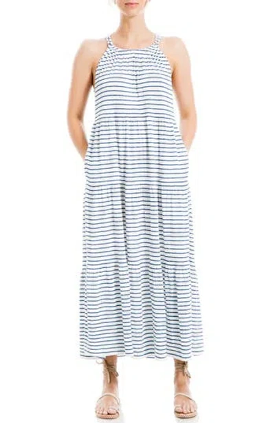 Max Studio Stripe Tiered Maxi Dress In White/blue Stripe