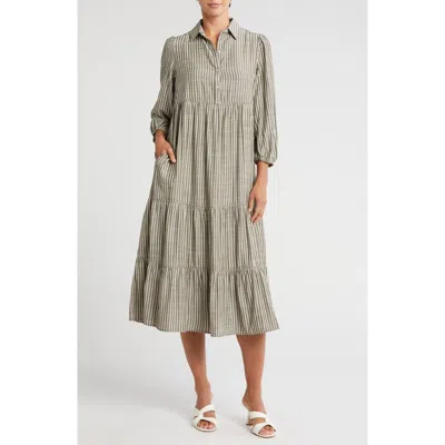 Max Studio Stripe Tiered Maxi Shirtdress In Green/ivory Stripe